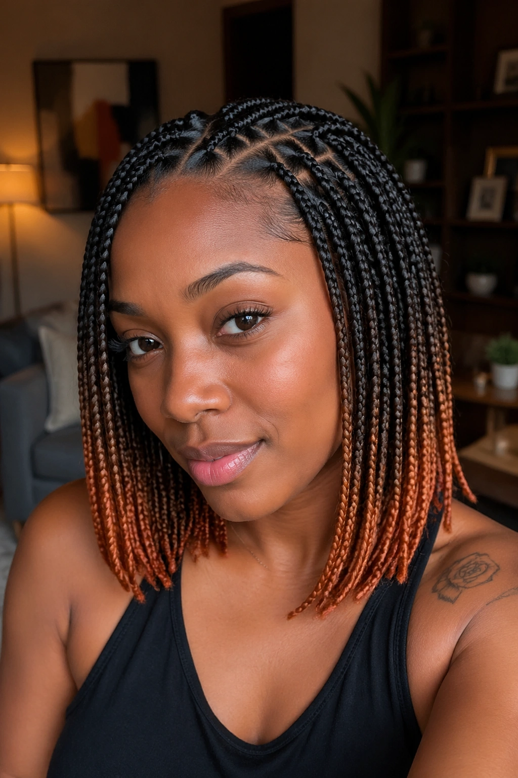 Close-up of copper ombré with triangle-part braids on a real person