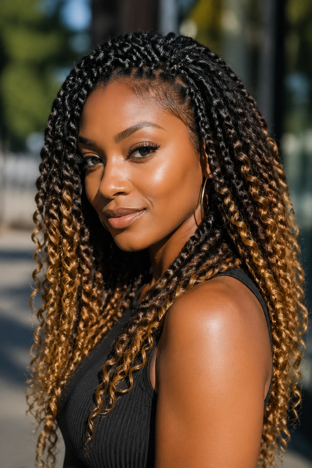 Close-up portrait of a real woman with ombre crochet braids showing dark roots fading to honey ends
