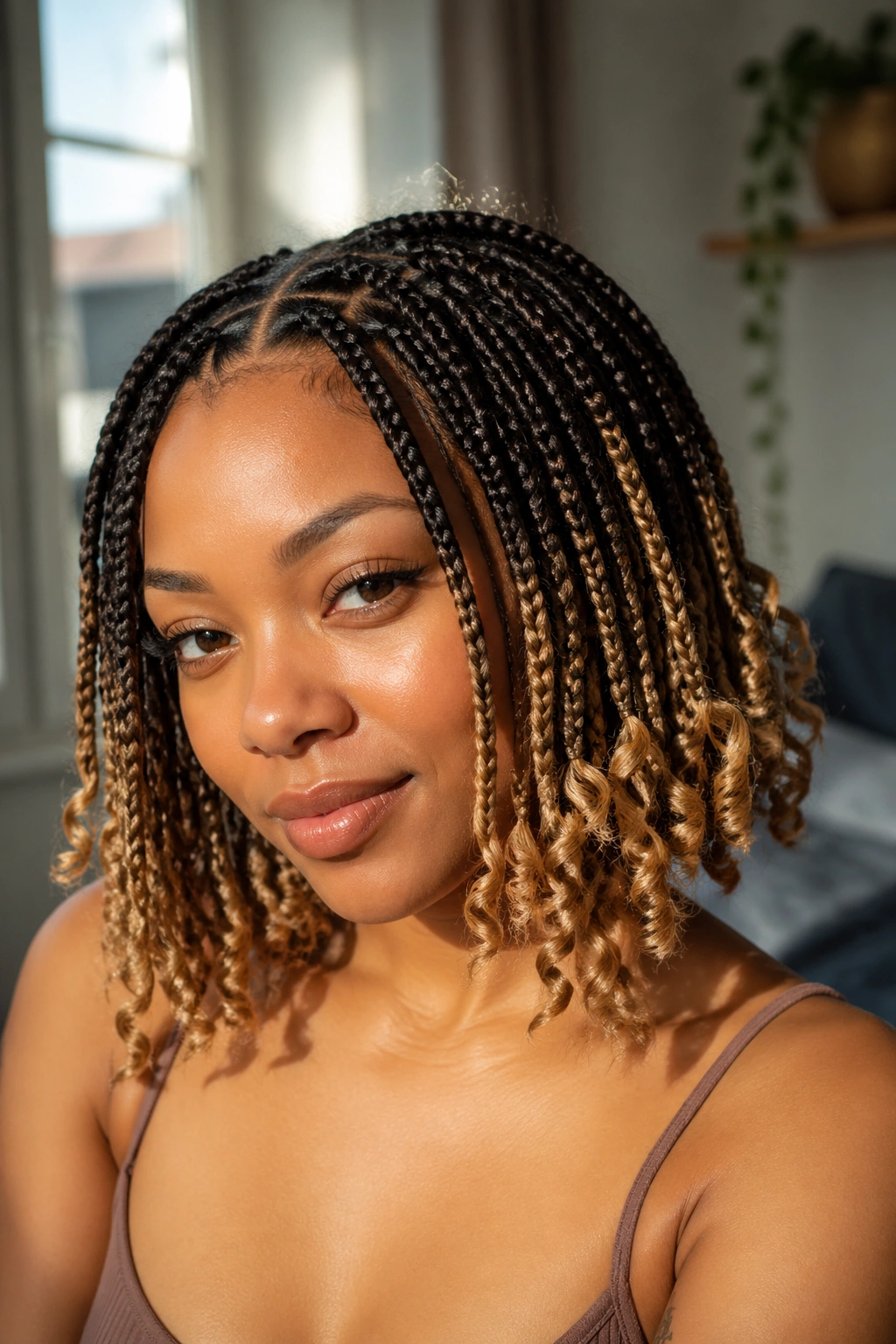 Close-up of a real person with dark roots fading to honey ombre curly ends