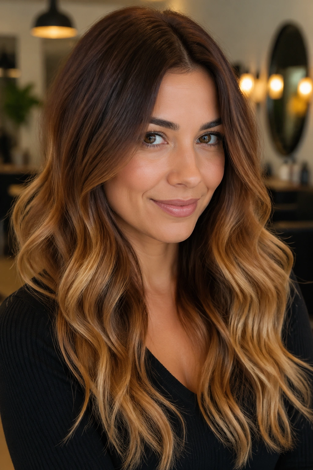 Close-up portrait of a real woman with cinnamon brown roots fading to caramel ombre