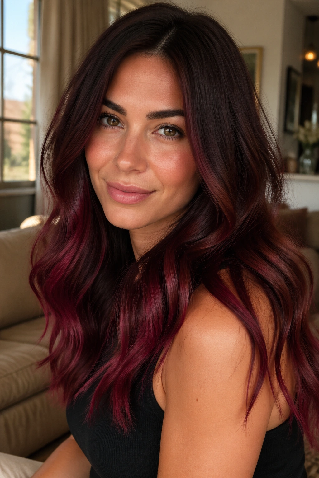 Close-up of a real woman with chocolate to merlot ombre hair, glossy red-brown to deep red ends