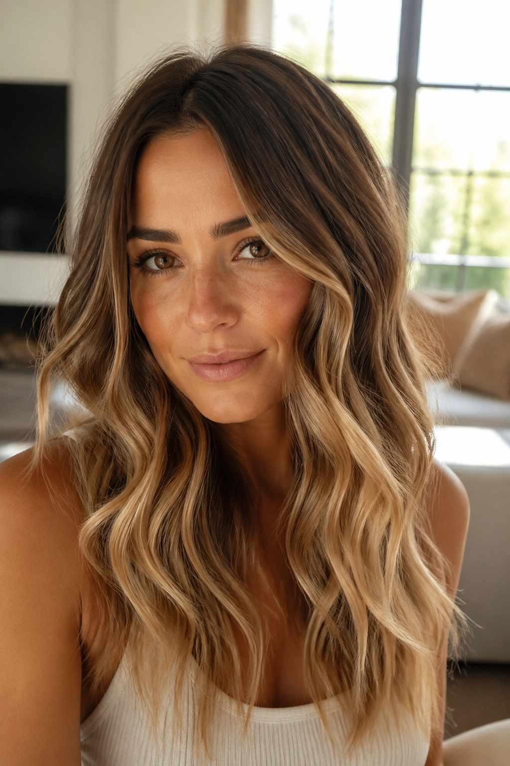 Close-up of a real woman with sun-kissed ombré hair featuring root shadow and light ends
