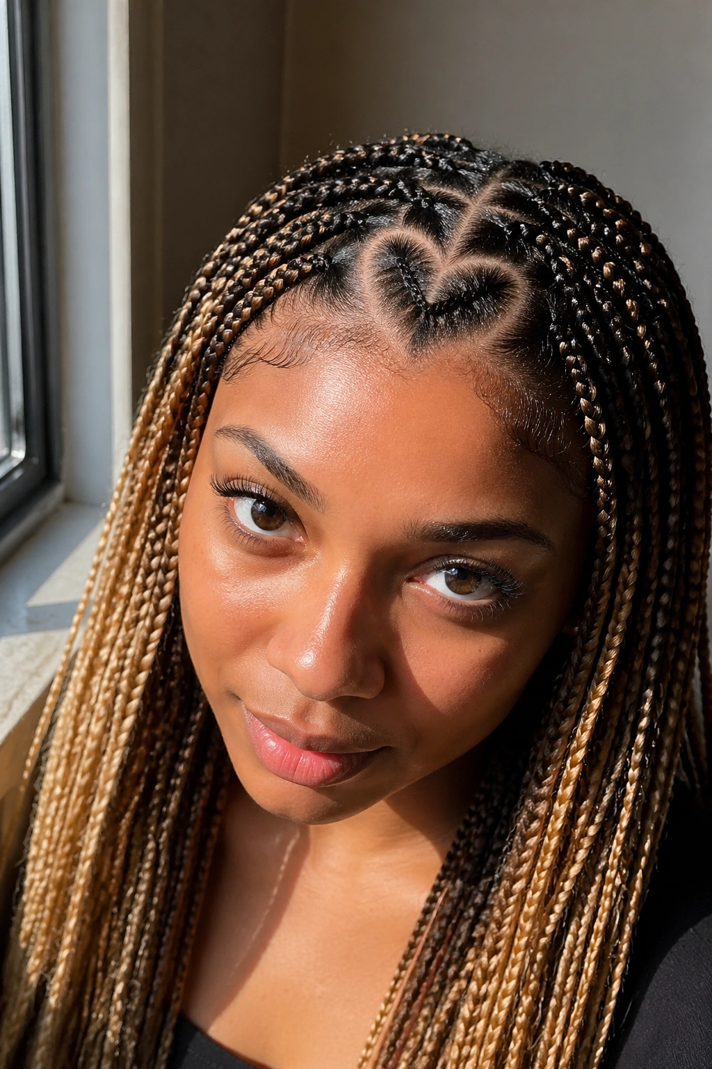 Close-up of real woman knotless braids with ombre ends and heart parting