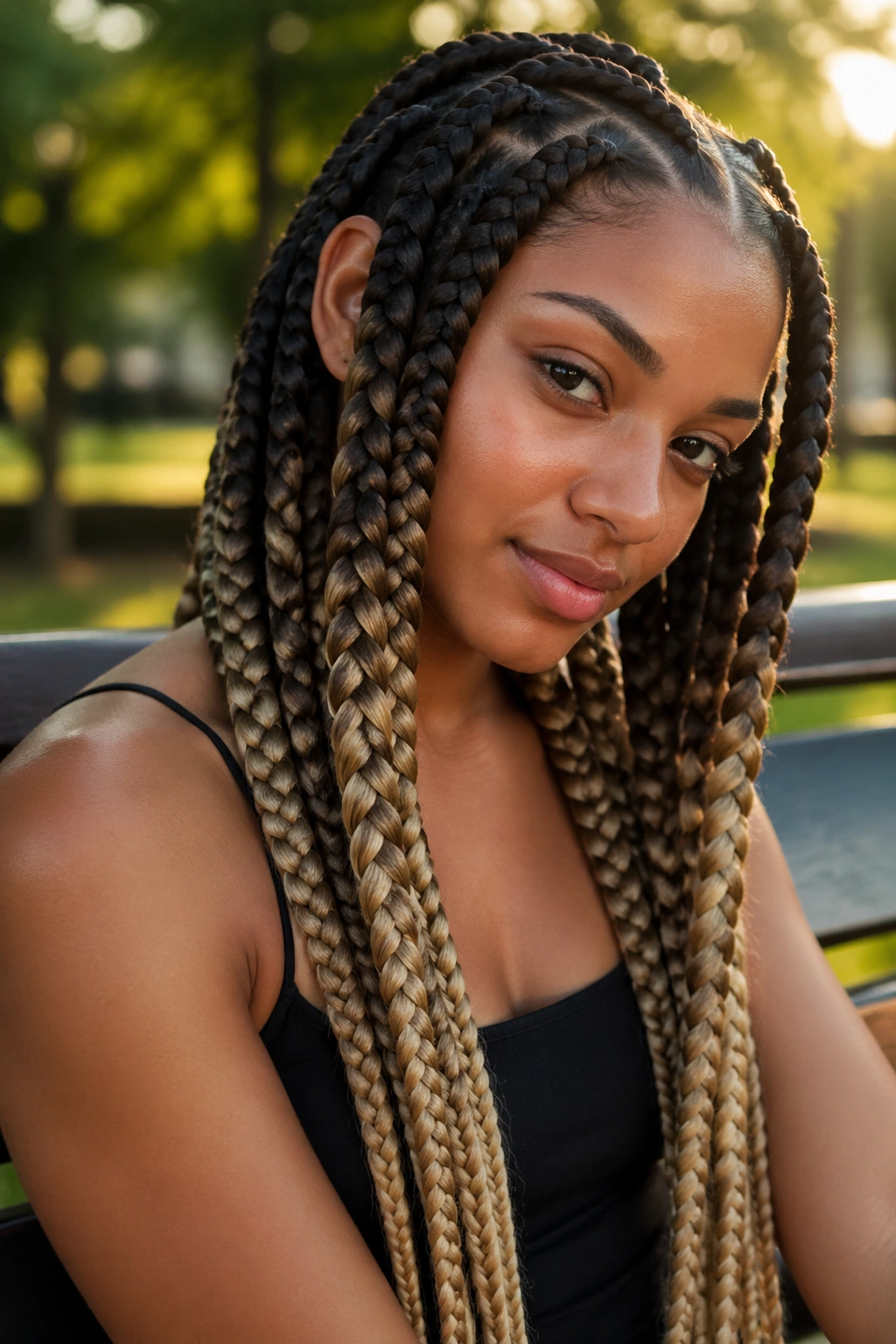 Close-up of a real woman with ombre jumbo feed-in braids fading from dark to light