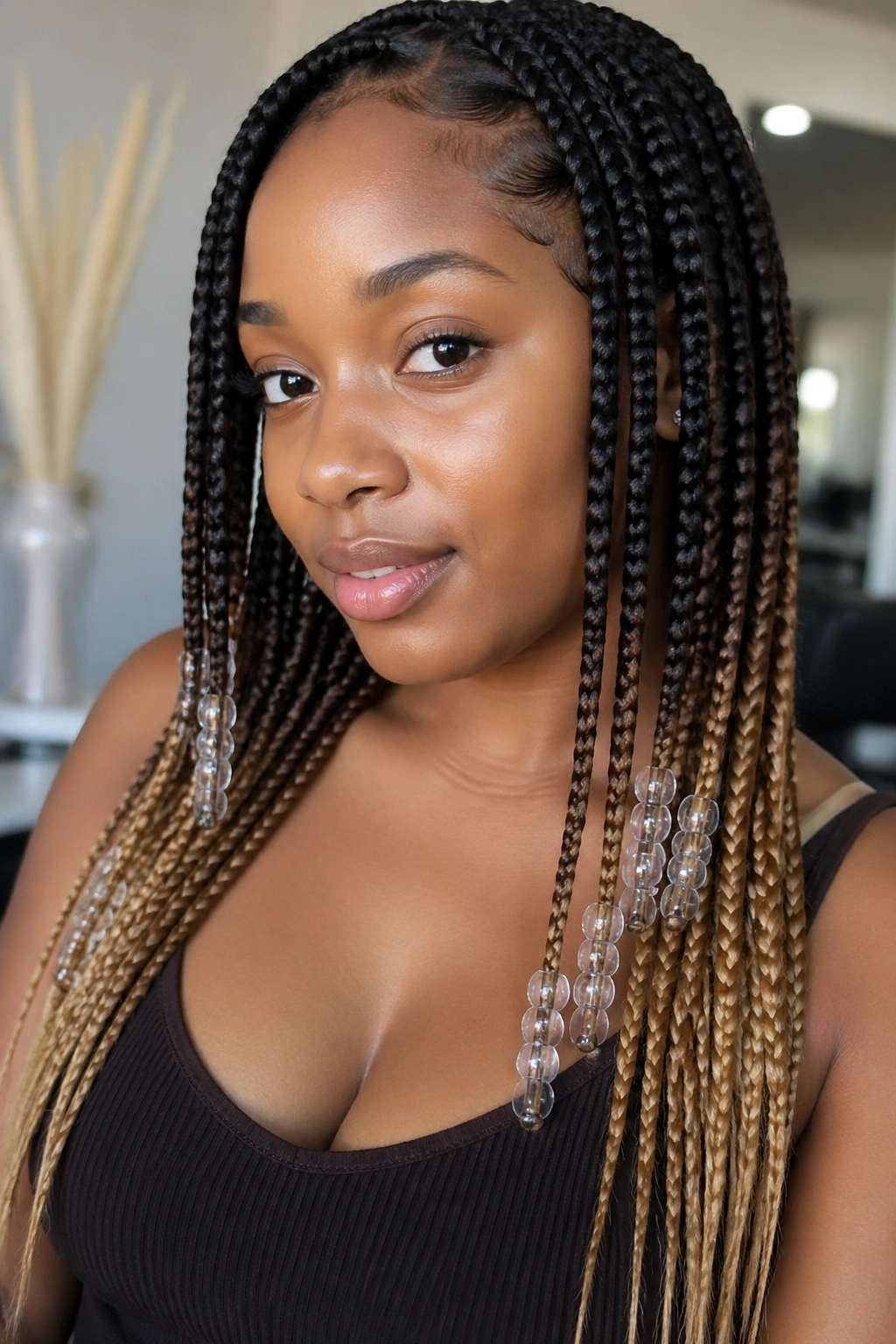 Close-up portrait of a real woman with ombré knotless box braids and beads