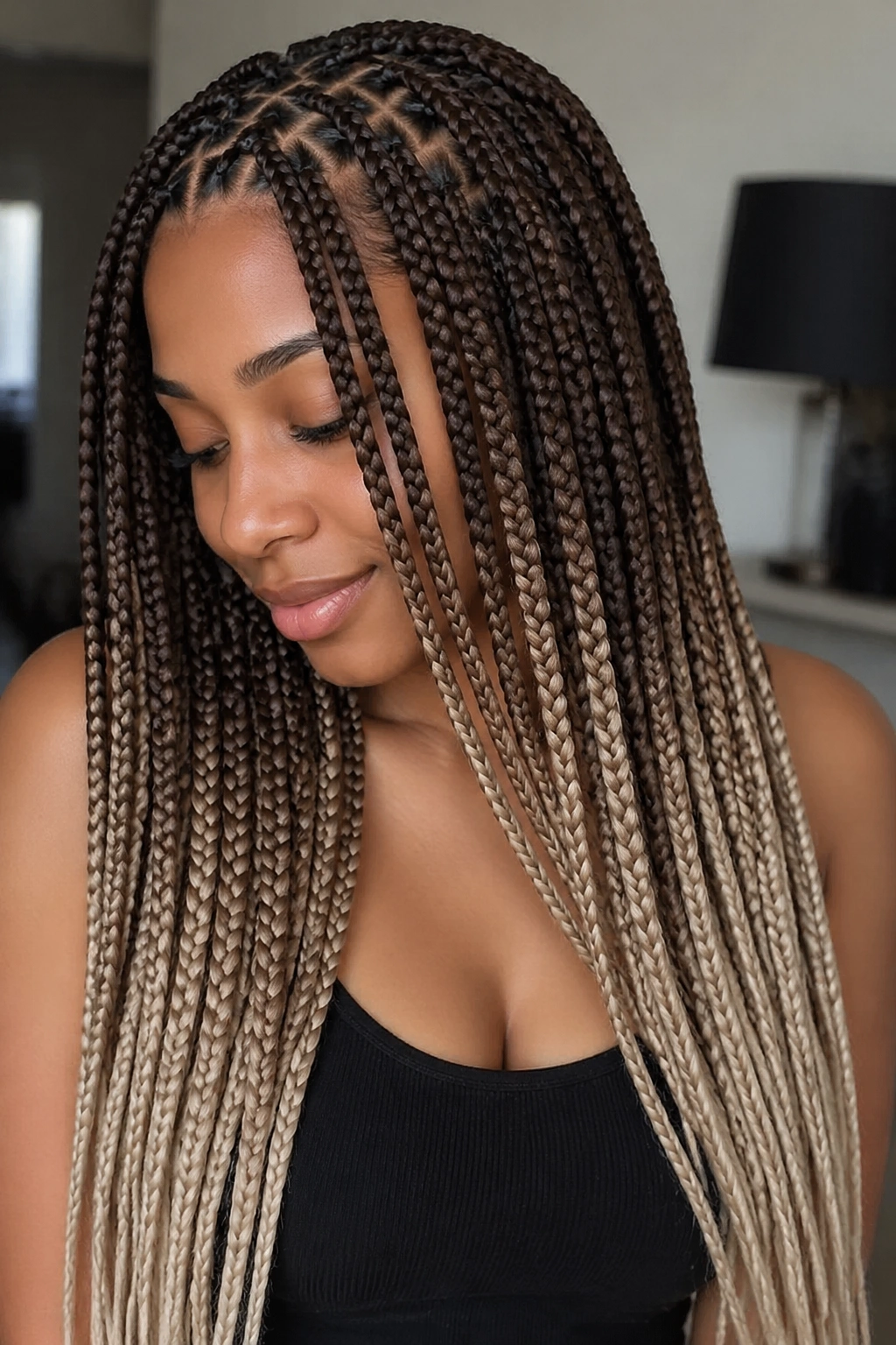 Close-up of ombre knotless braids brown to beige blonde on a real person