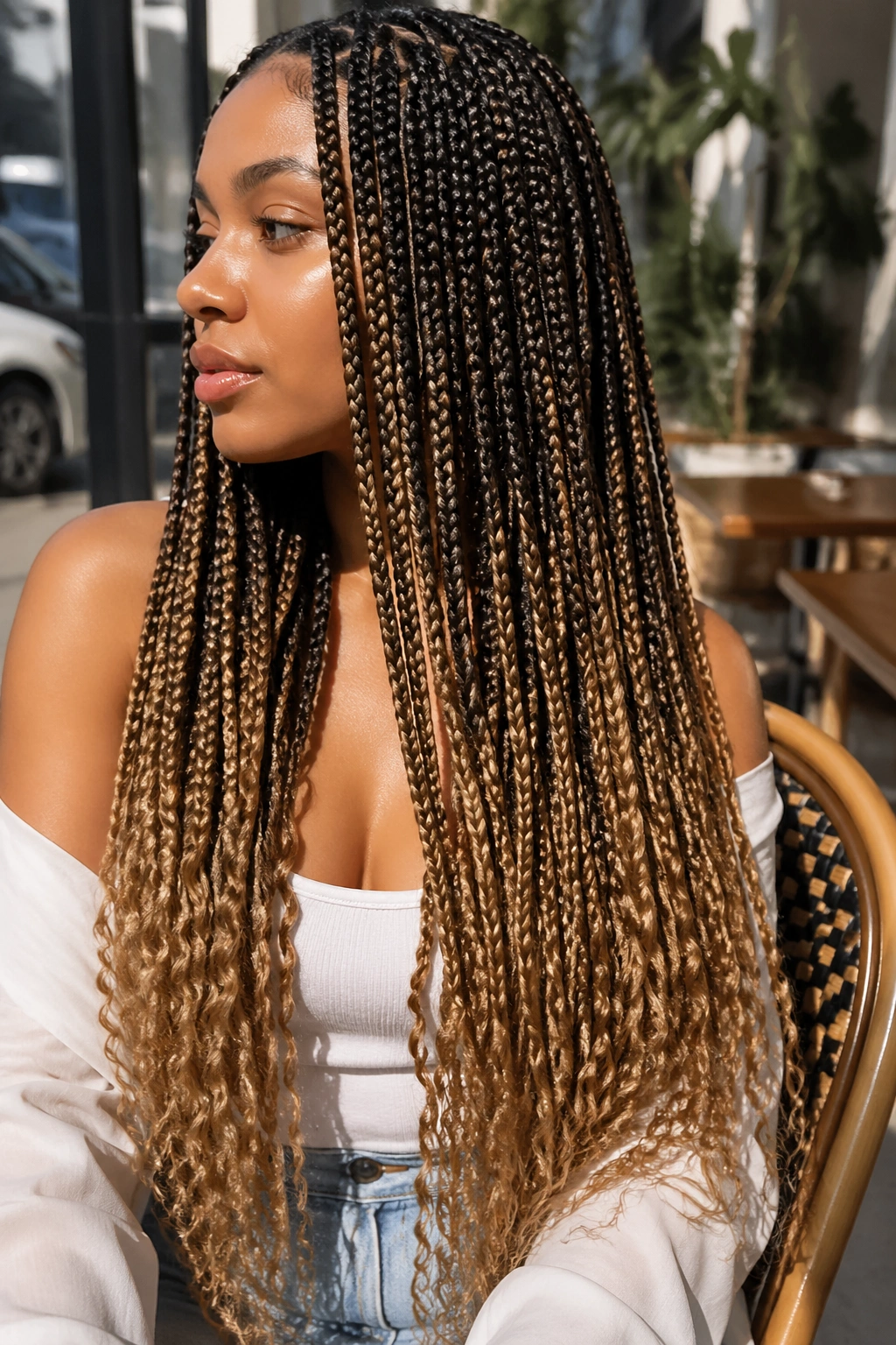 Profile of a real woman with espresso to honey ombré box braids