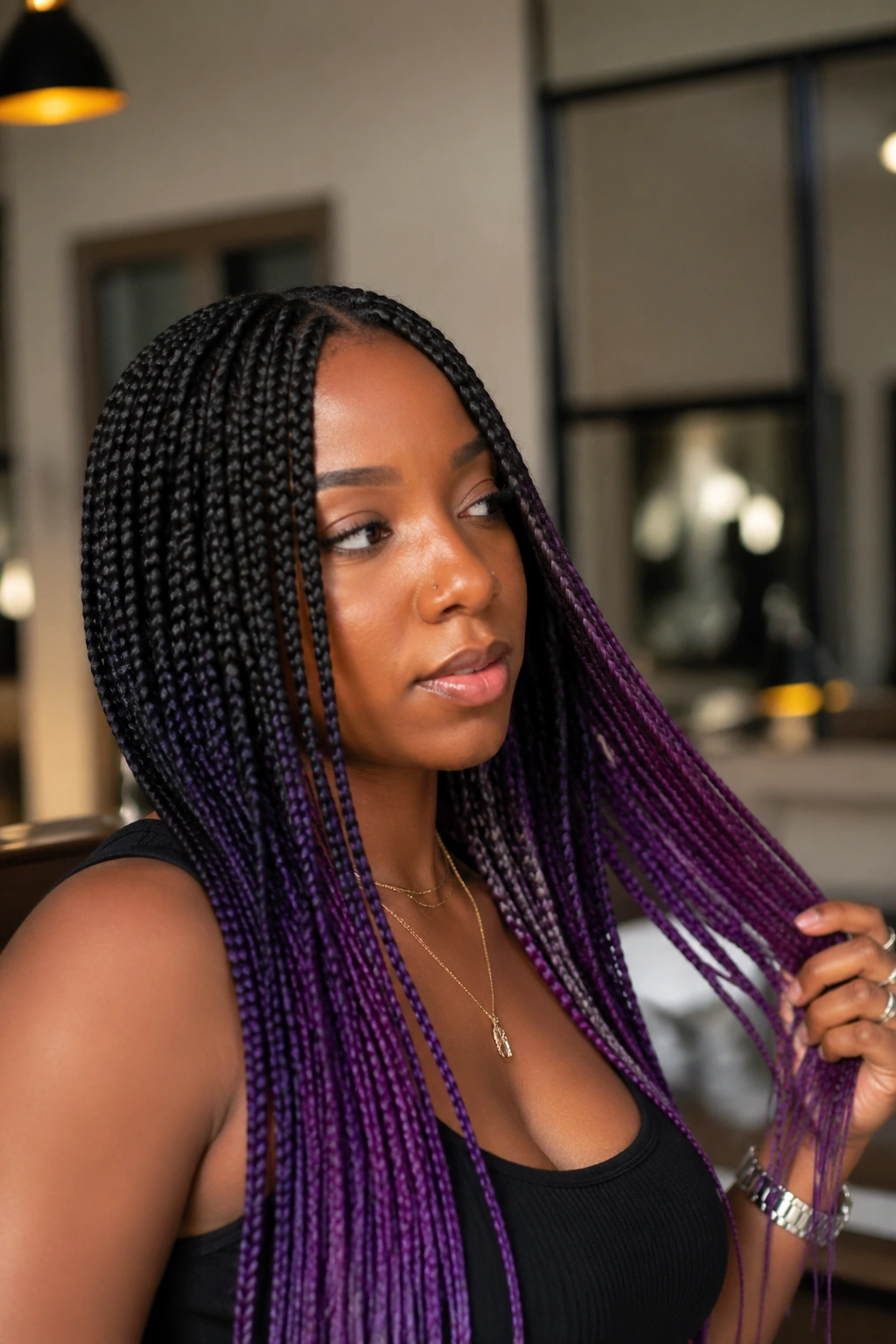 Close-up portrait of a real person with black to purple ombre peekaboo hair.
