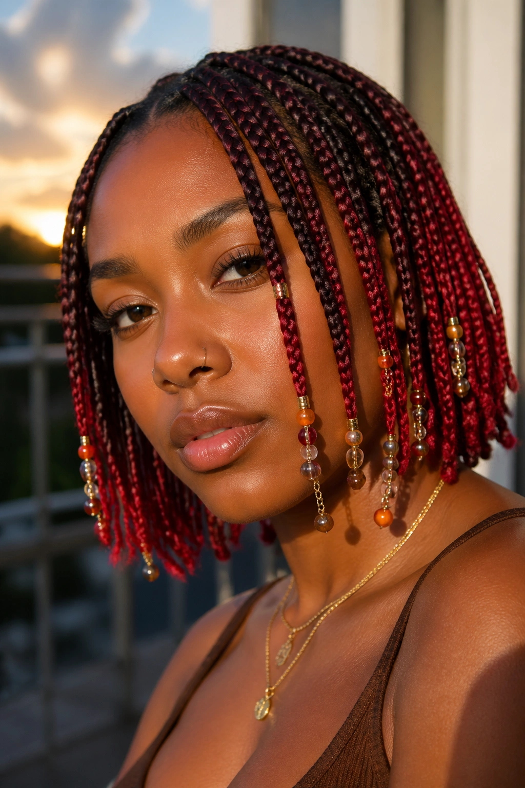 Close-up of ombre red box braids with bead chains on a real person at sunset