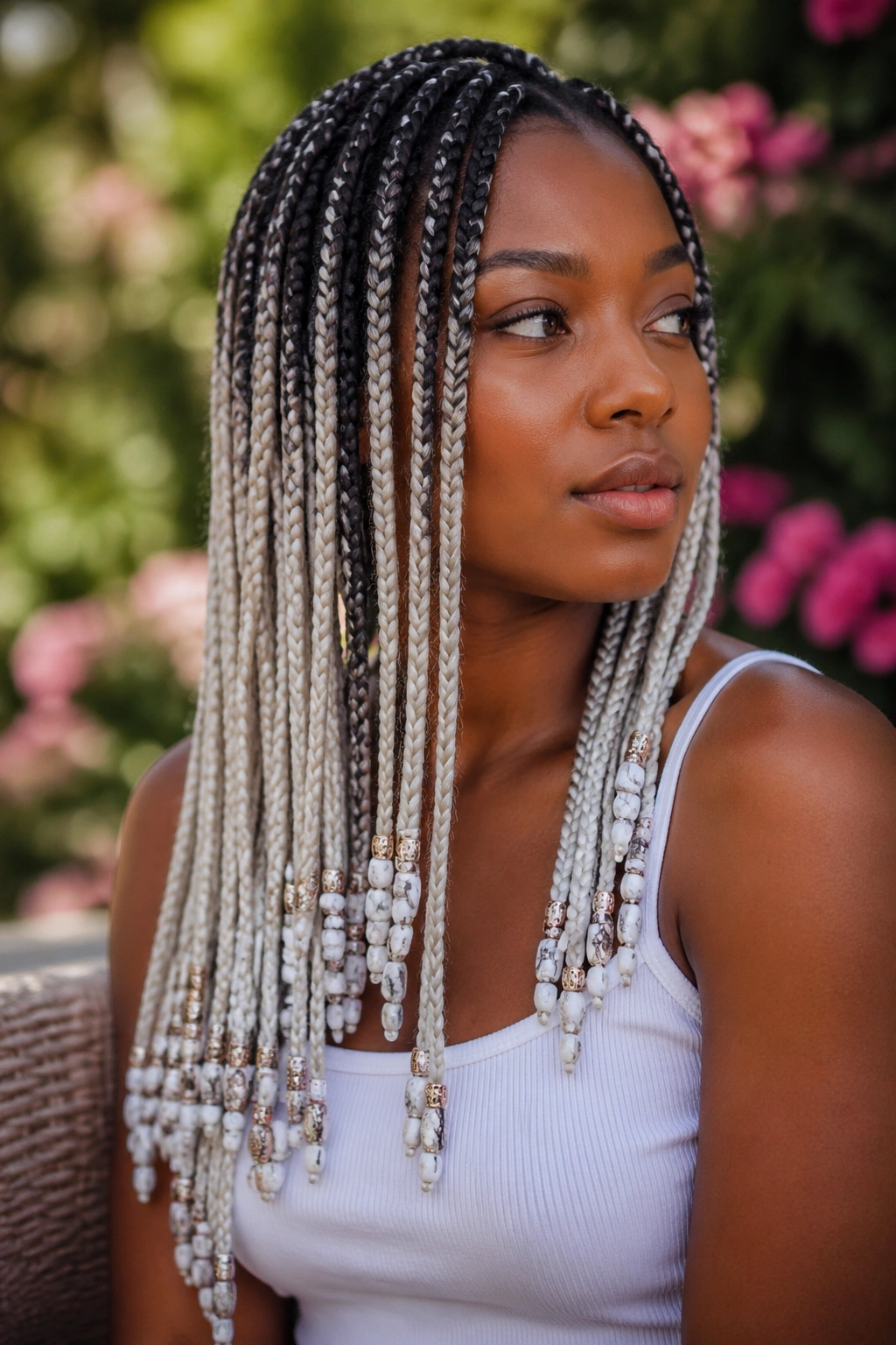Close-up of ombré white box braids with beads showing a gradient.