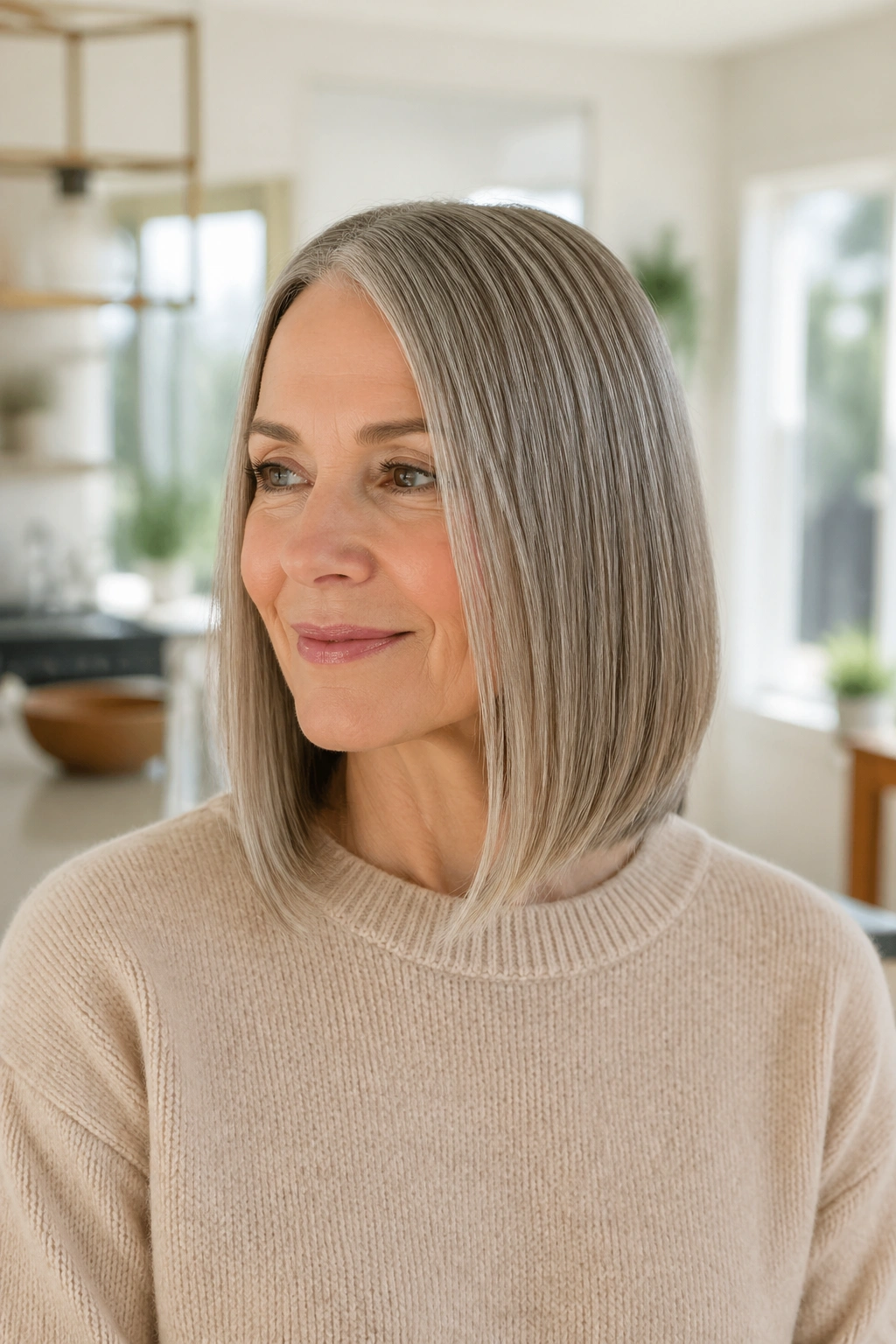 Portrait of a real woman with a sleek one-length lob and point-cut ends