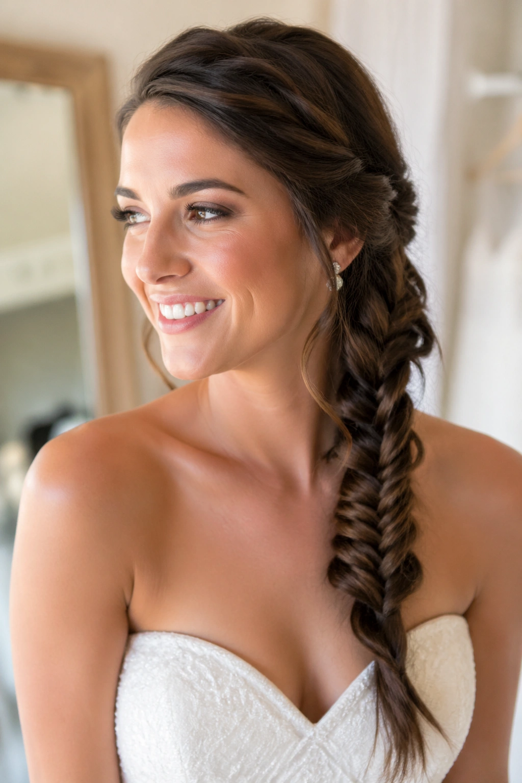 Close-up of a real bride with a one-shoulder side braid draping over her shoulder