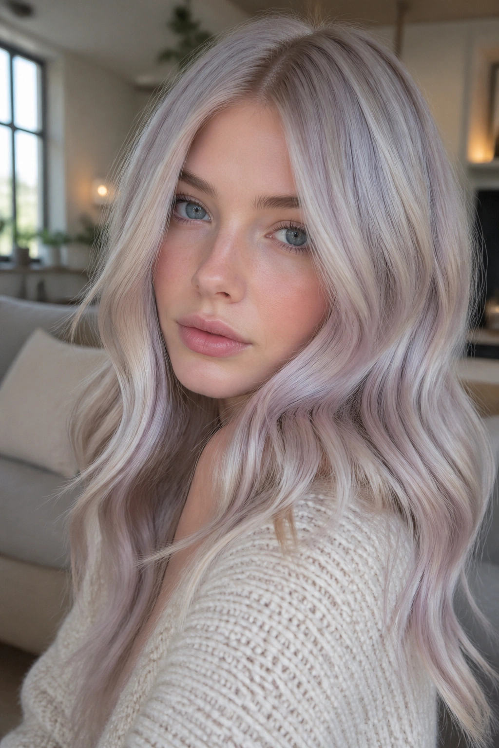Close-up portrait of a real woman with opal blonde hair showing pearly and lilac shifts