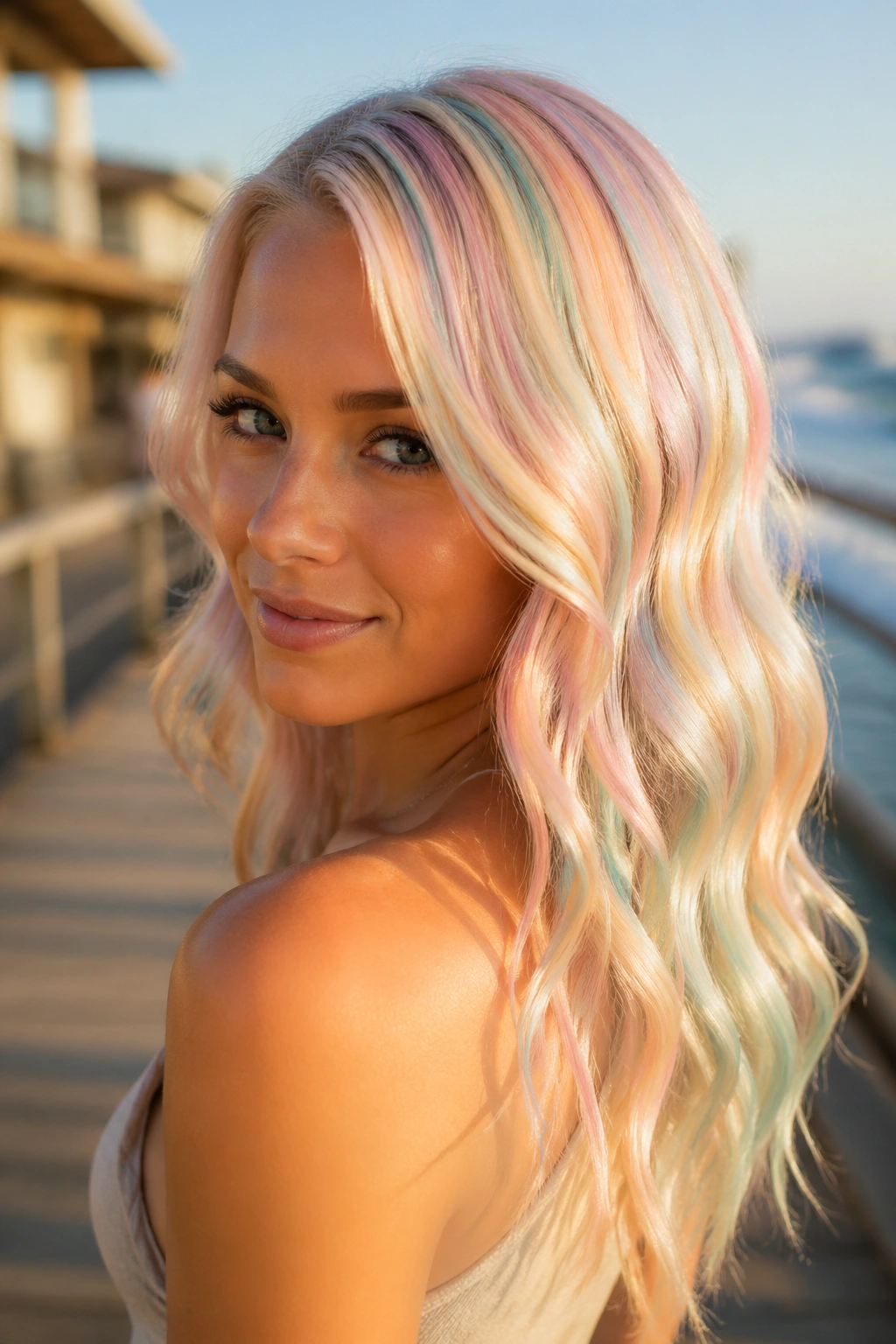 Close-up portrait of a real woman with opal blonde waves.