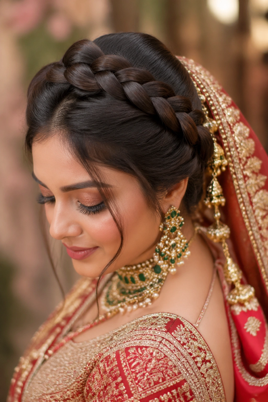 Bride with open-crown braid framing the head and parandi at the back