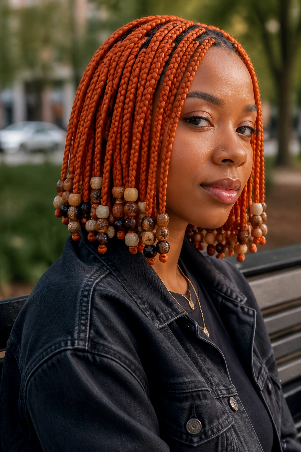 Close-up of a real person with orange bob braids and multi-size beads
