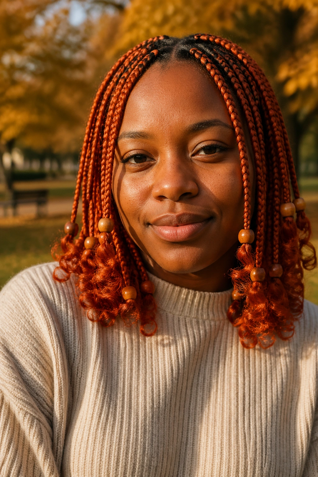 Close-up of a real person with medium orange box braids beads curly ends in a park