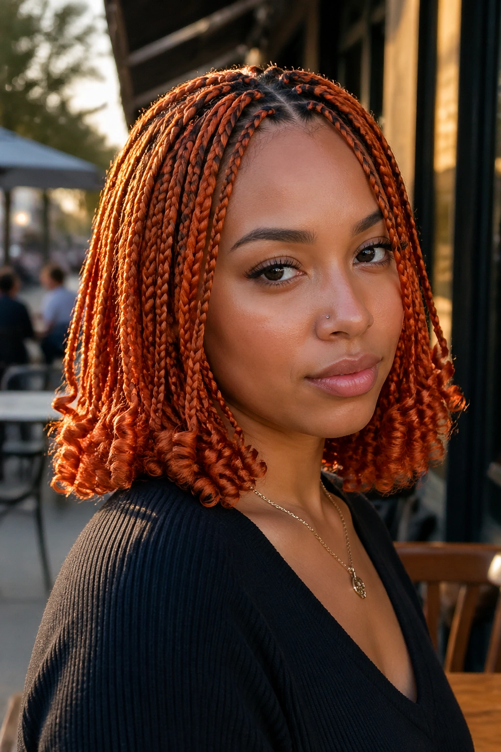 Portrait of a real woman with shoulder-length orange bob box braids and curled tips.