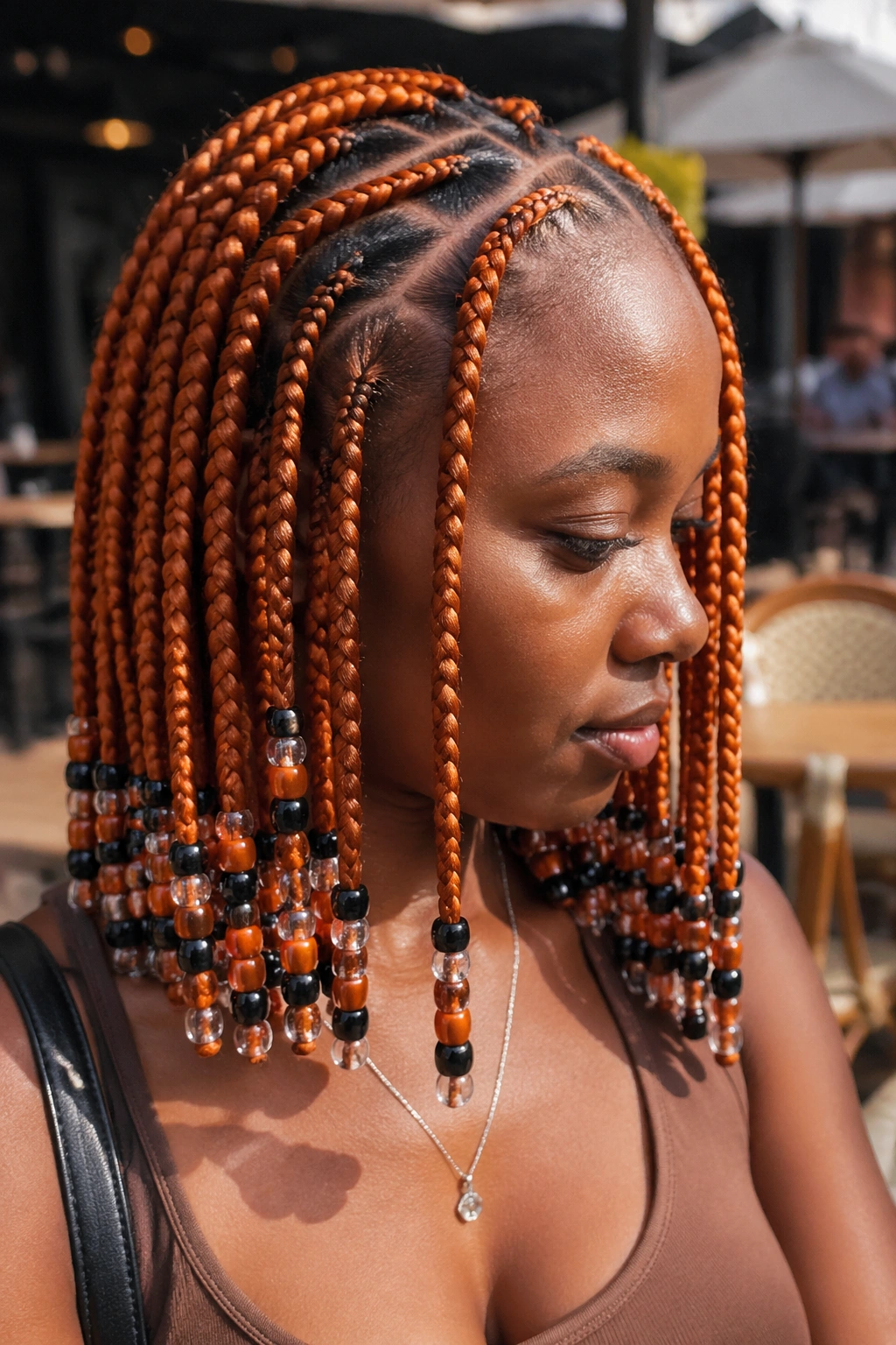 Real person with curved-part orange box braids and color-blocked beads