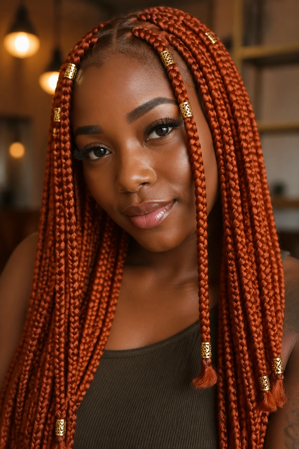 Portrait of a real woman wearing orange box braids with gold cuffs