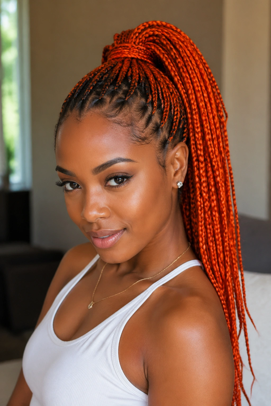 Portrait of a real woman with orange box braids in a high ponytail
