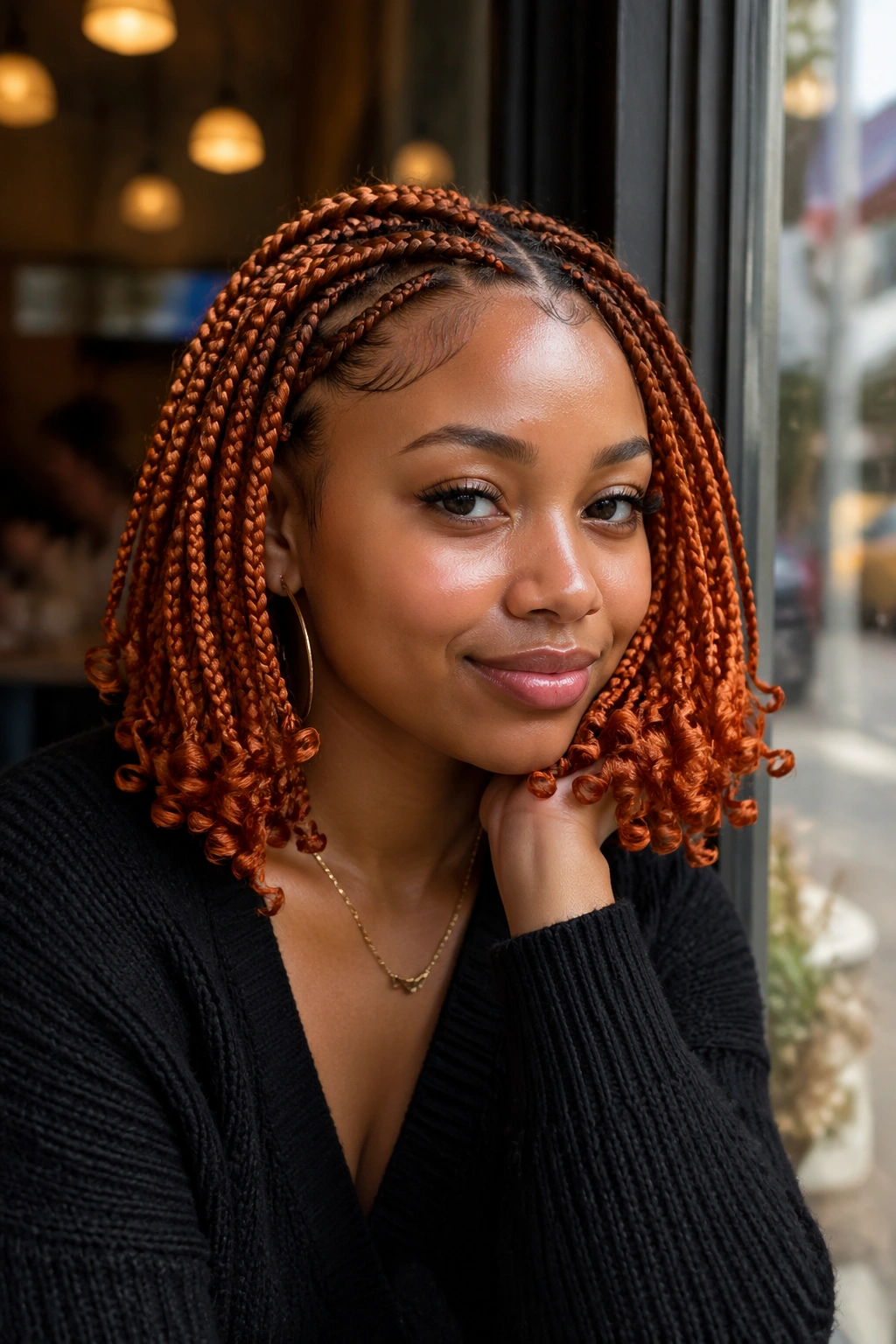 Close-up of a real woman with layered orange box braids with ringlet ends in a cafe setting