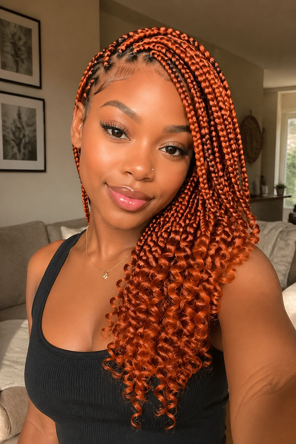 Close-up of side-swept orange box braids cascading over one shoulder on a real person
