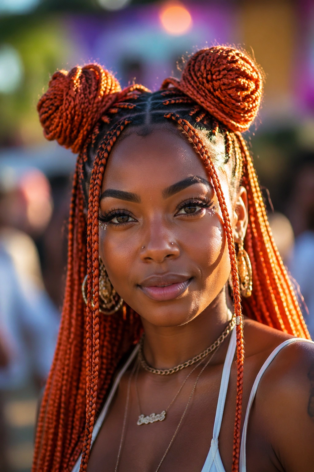 Close-up of a real woman with space buns made from orange box braids