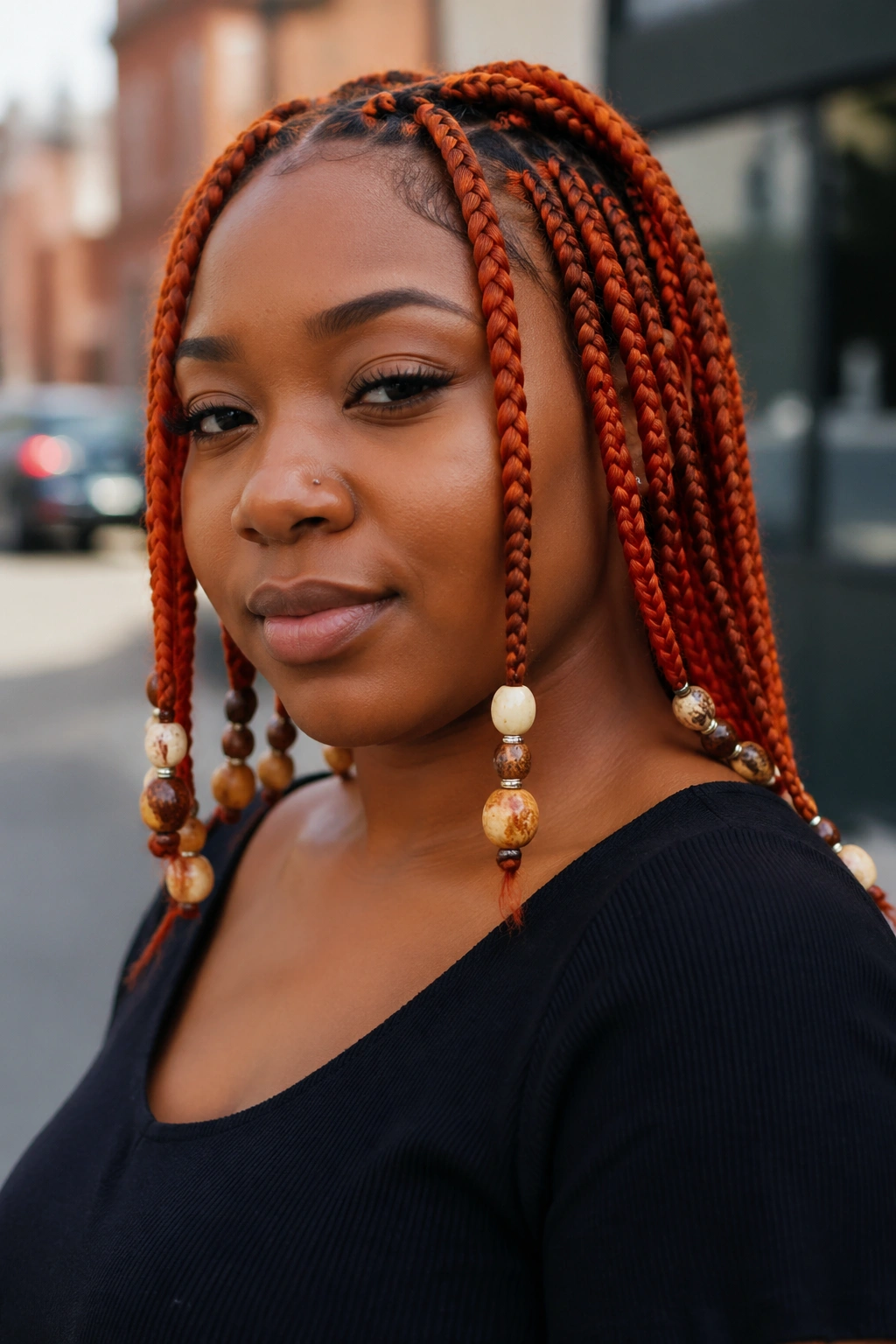 Real woman with orange box braids and bead ends