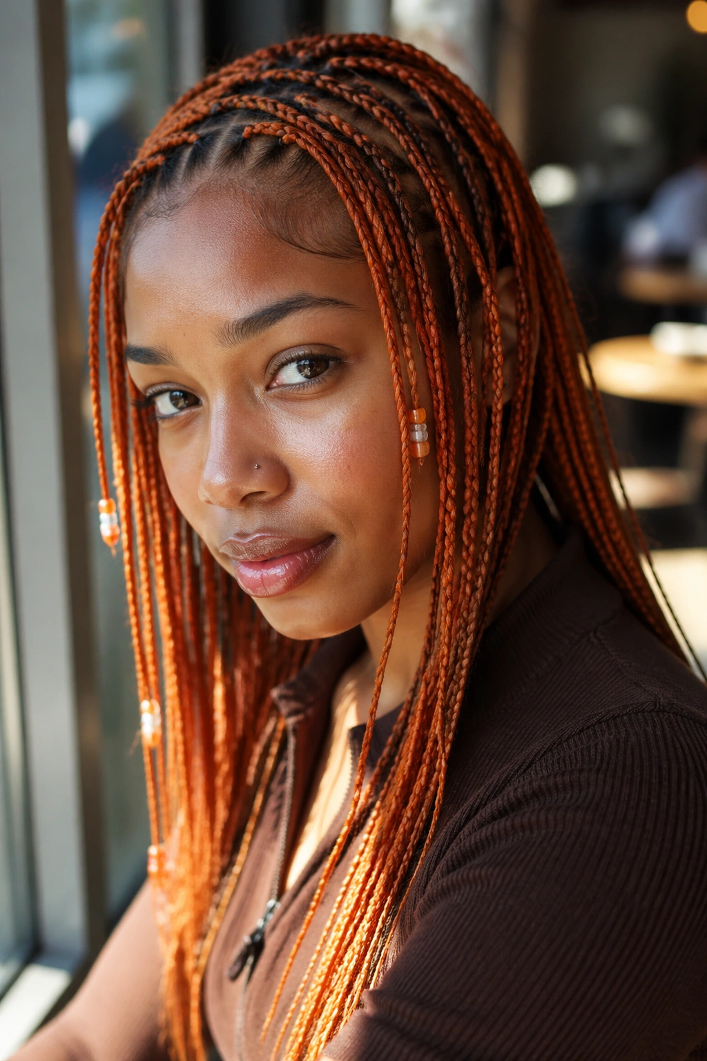 Close-up of a real person with thin feed-in orange braids and seed beads