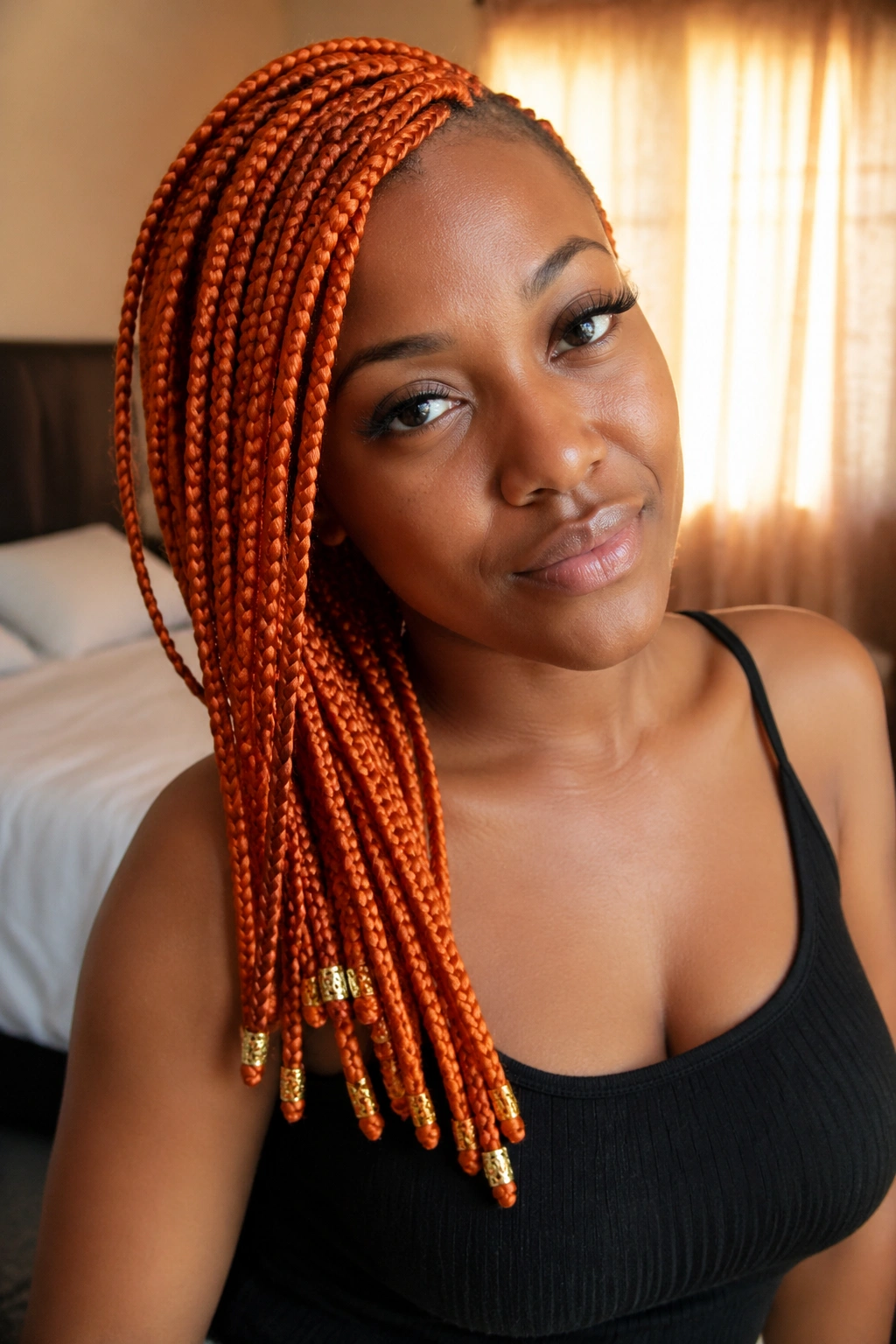 Close-up of a real woman with side-swept orange box braids and minimal bead accents
