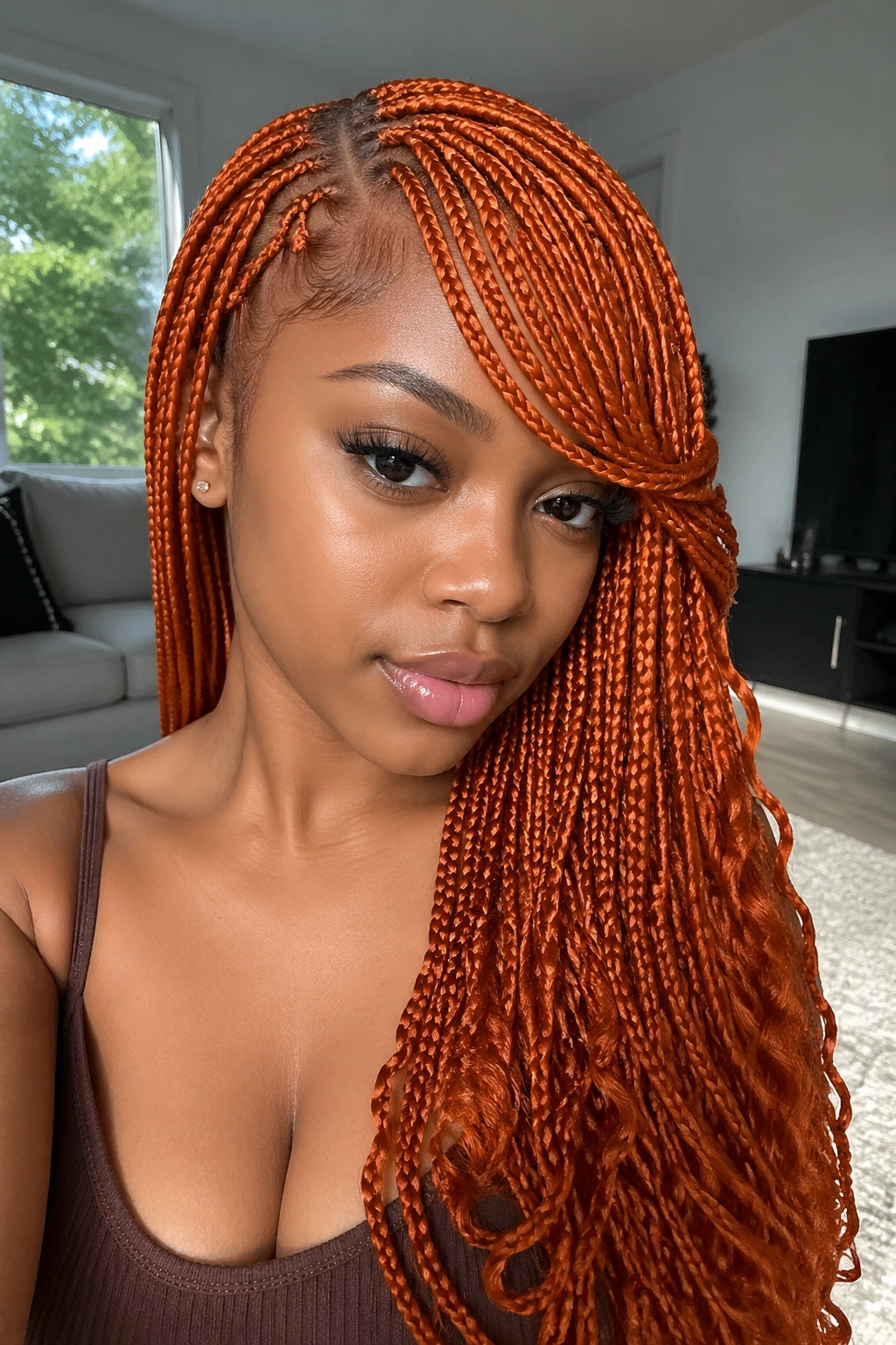 Close-up of a real person with side-part orange braids and swoop bangs in a living room