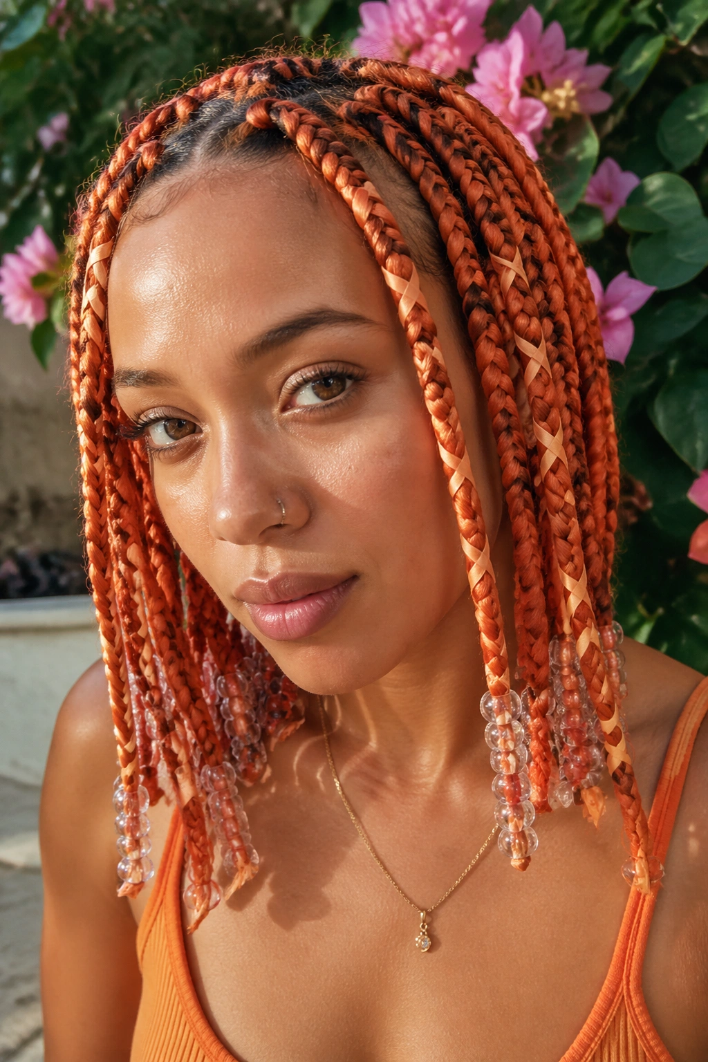 Close-up of a real person with orange braids, transparent beads and ribbon wraps