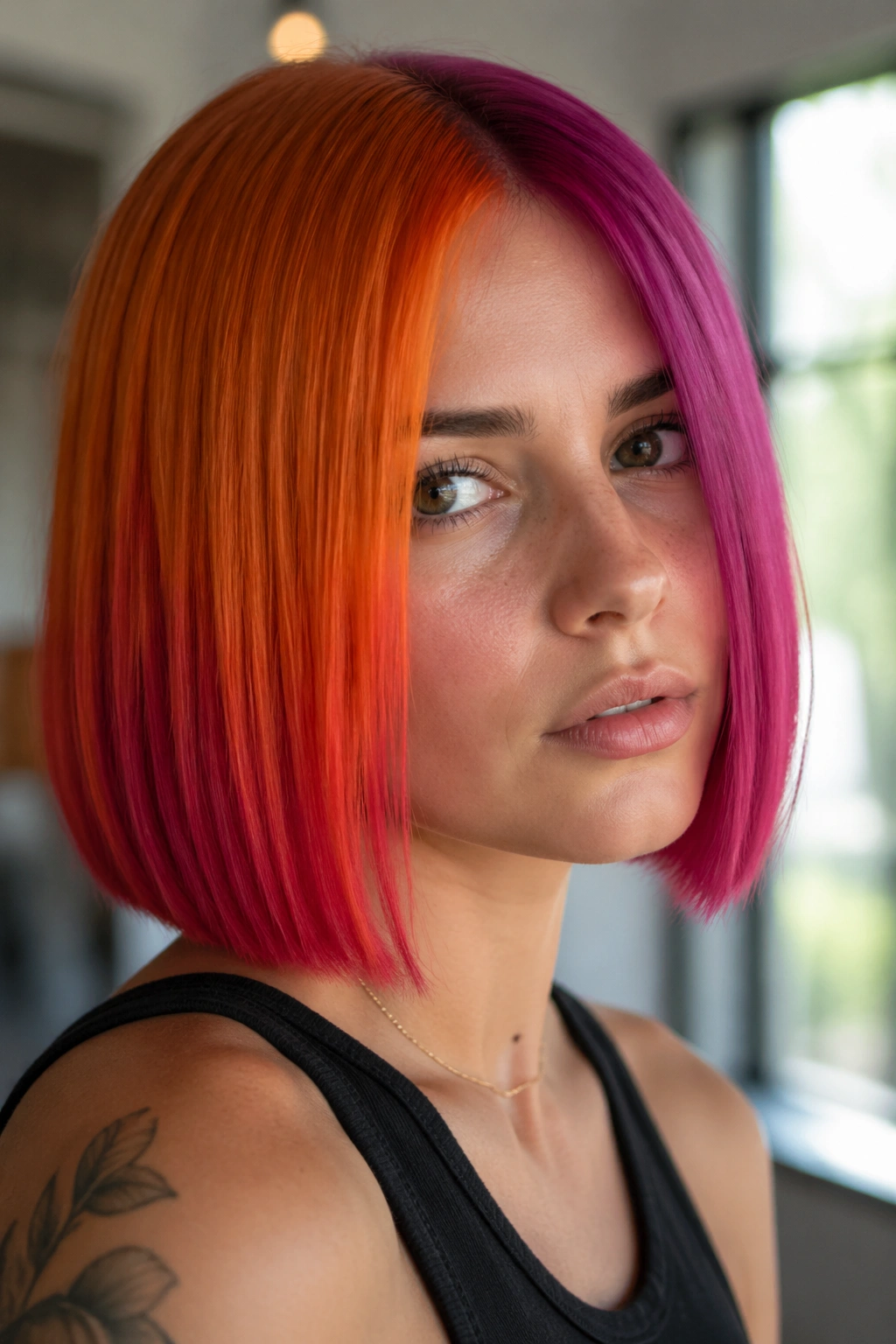 Close-up of blunt bob with orange and magenta color blocks
