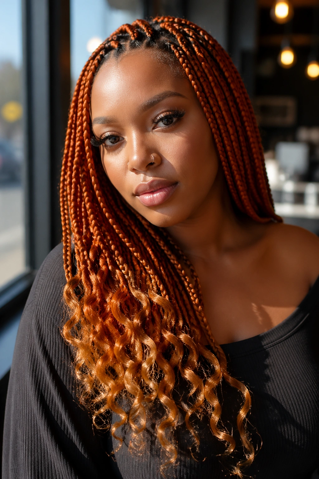 Close-up of orange ombré box braids with honey ends on a real person