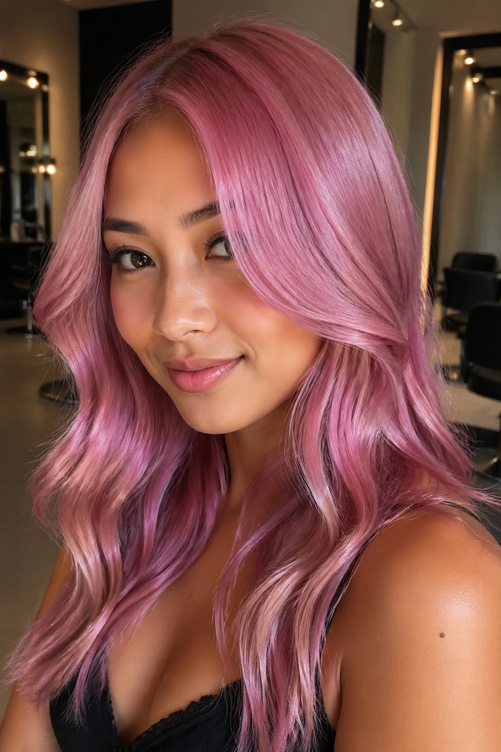 Portrait of a real person with orchid pink gloss hair under soft lighting.