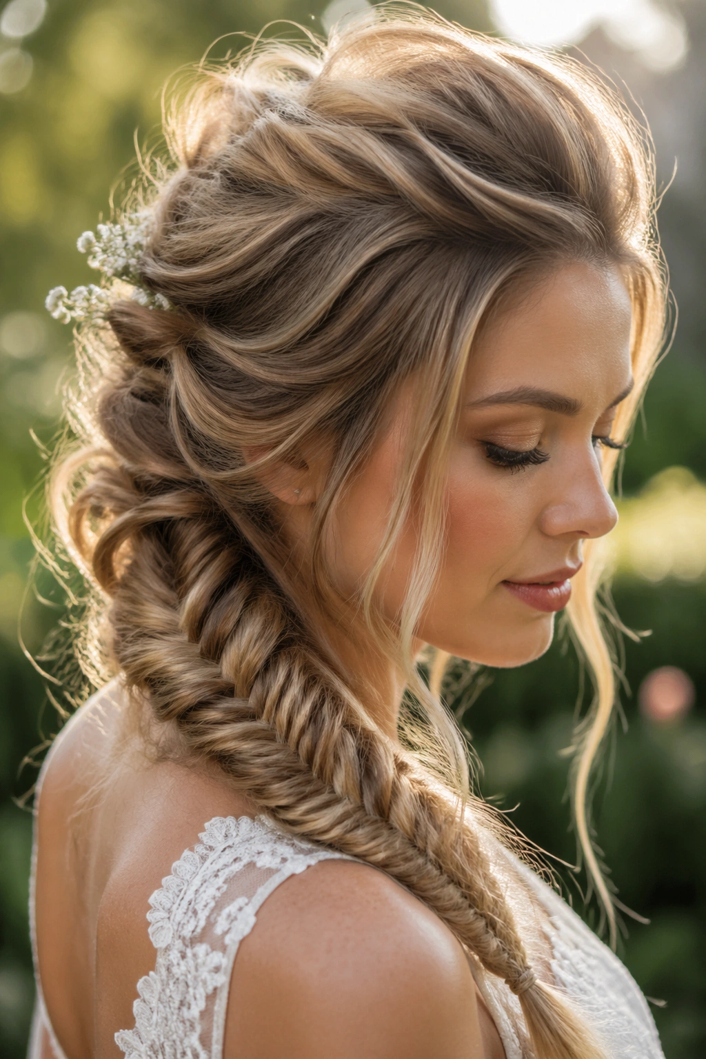 Bride with lifted crown fishtail hairstyle against garden backdrop