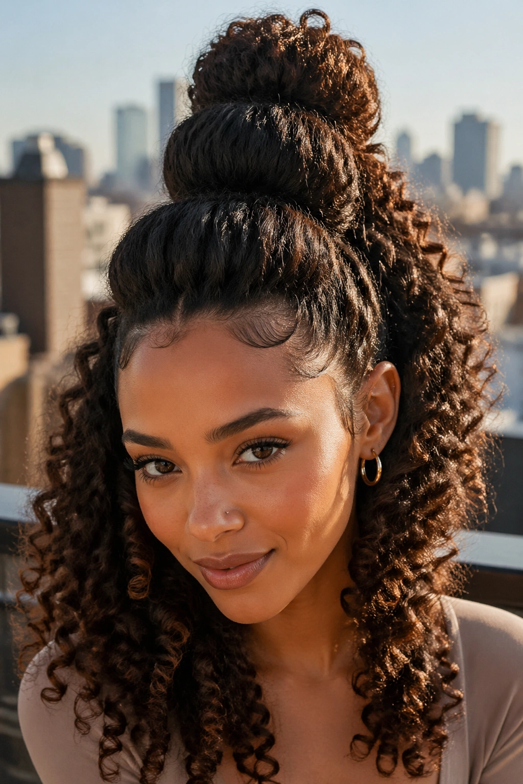 Close-up of a real woman wearing oversized bubble half-up hairstyle on a rooftop fashion shoot