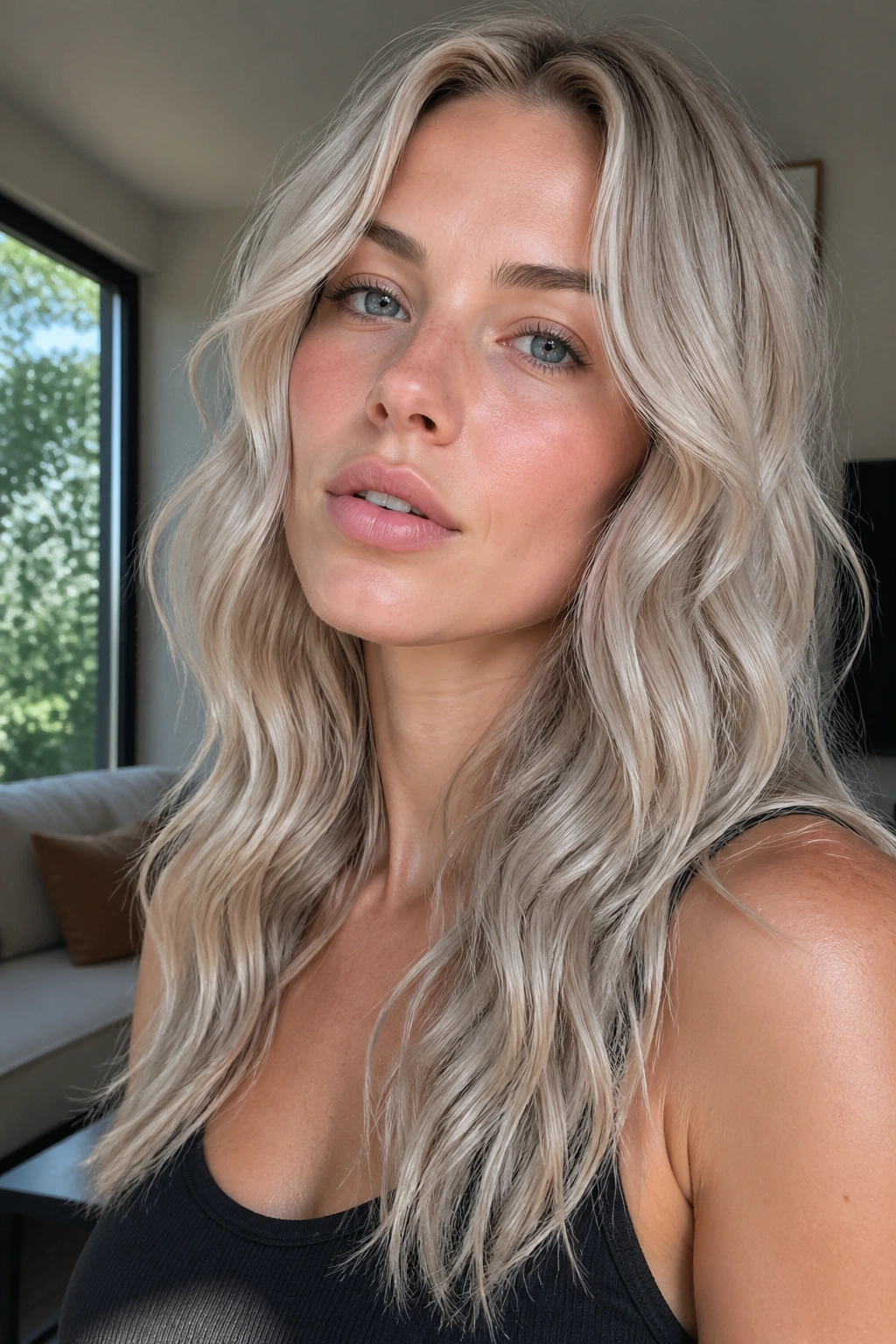 Close-up of a real woman with oyster blonde waves.