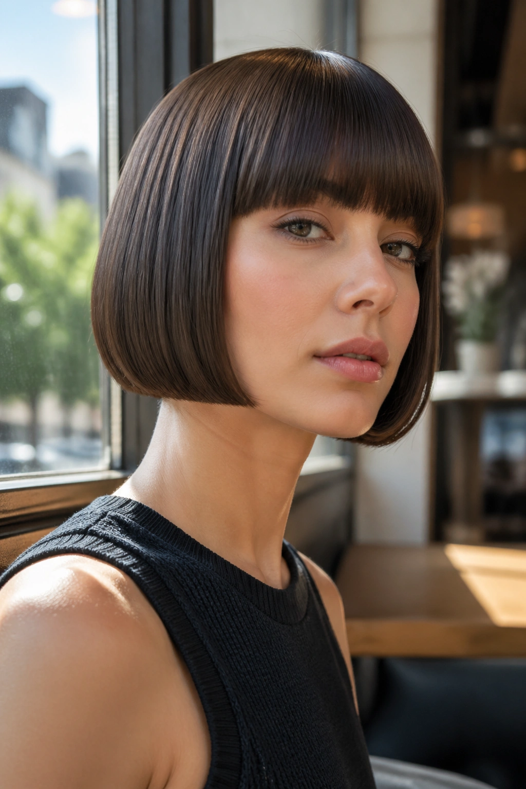Close-up of a real woman with a blunt pageboy cut and strong fringe.