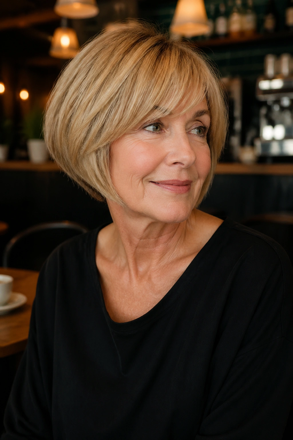 Close-up portrait of a real woman with a classic pageboy with modern texture.