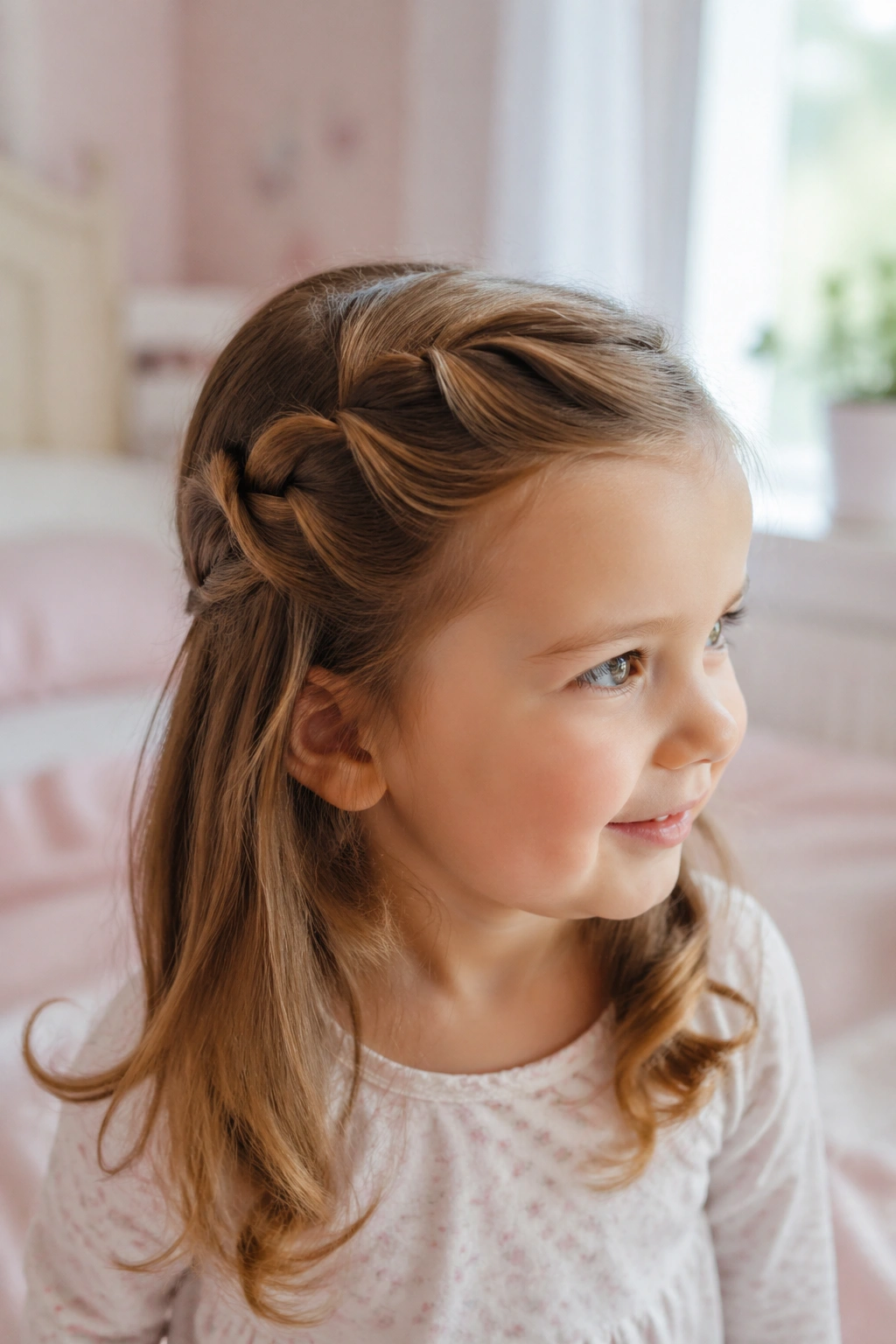 Close-up of a real toddler girl with a soft side-sweep half-up pancake braid in a sunlit morning bedroom.