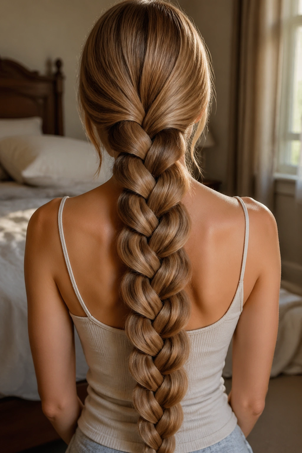 Close-up of a real woman with a center-back pancake braid on waist-length hair