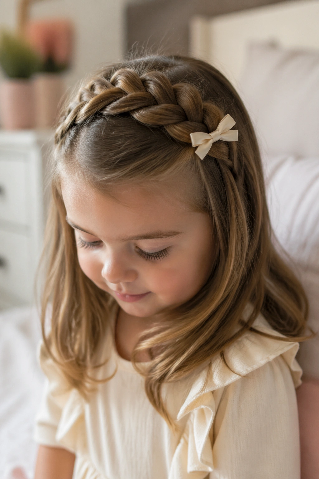 Close-up of toddler with classic half-up pancake crown and tiny bow