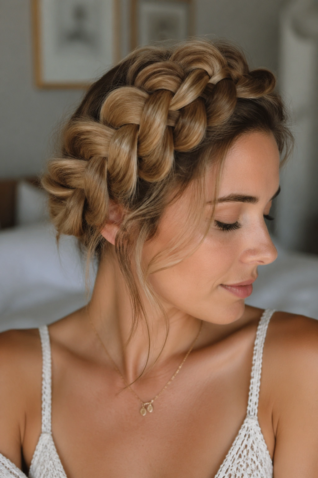 Close-up of real woman with a wide pancaked milkmaid braid at the crown