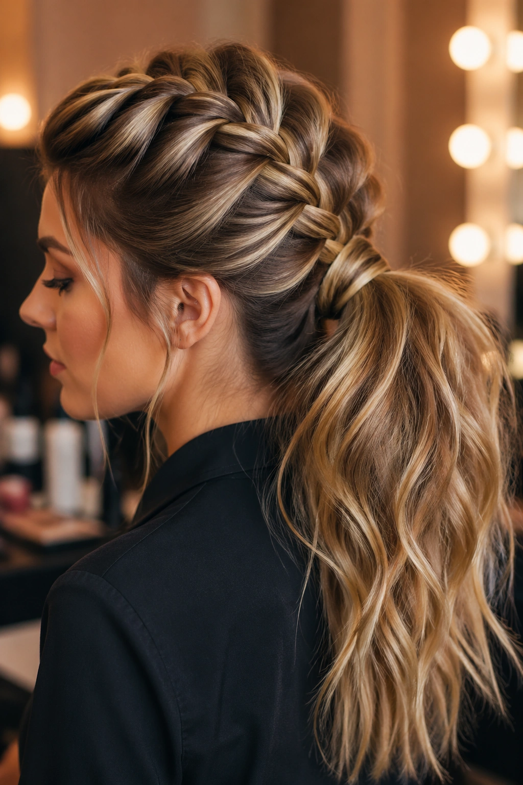 Close-up of a real woman with a voluminous pancaked French braid ponytail