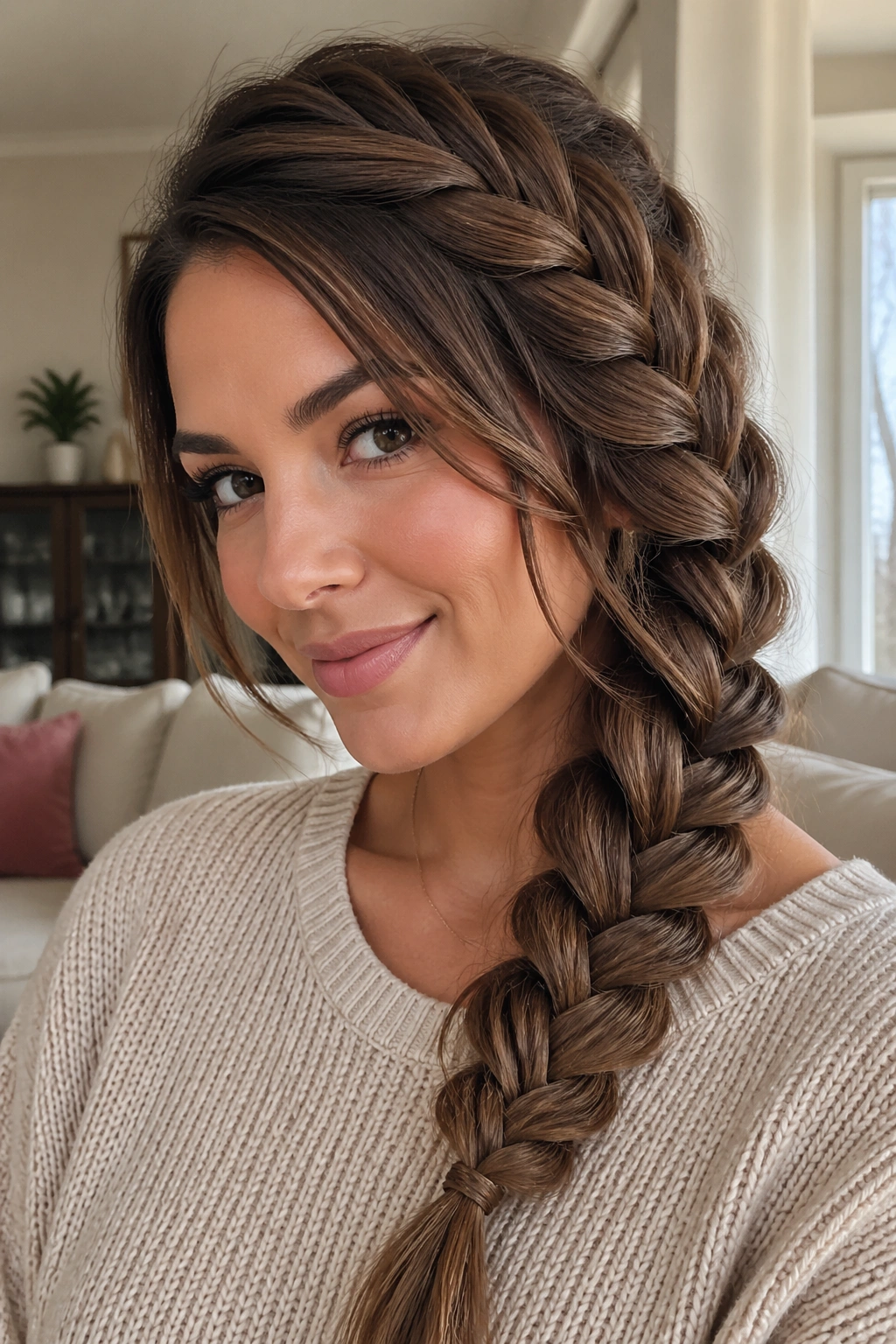Close-up of a real woman's head with a wide pancaked side braid along the cheek