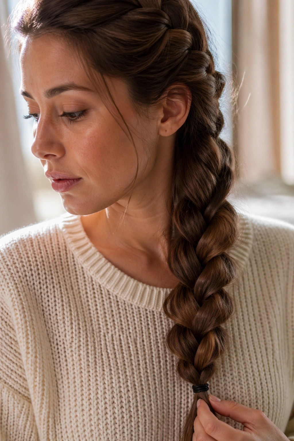 Close-up of a real woman with a pancake braid that appears wider