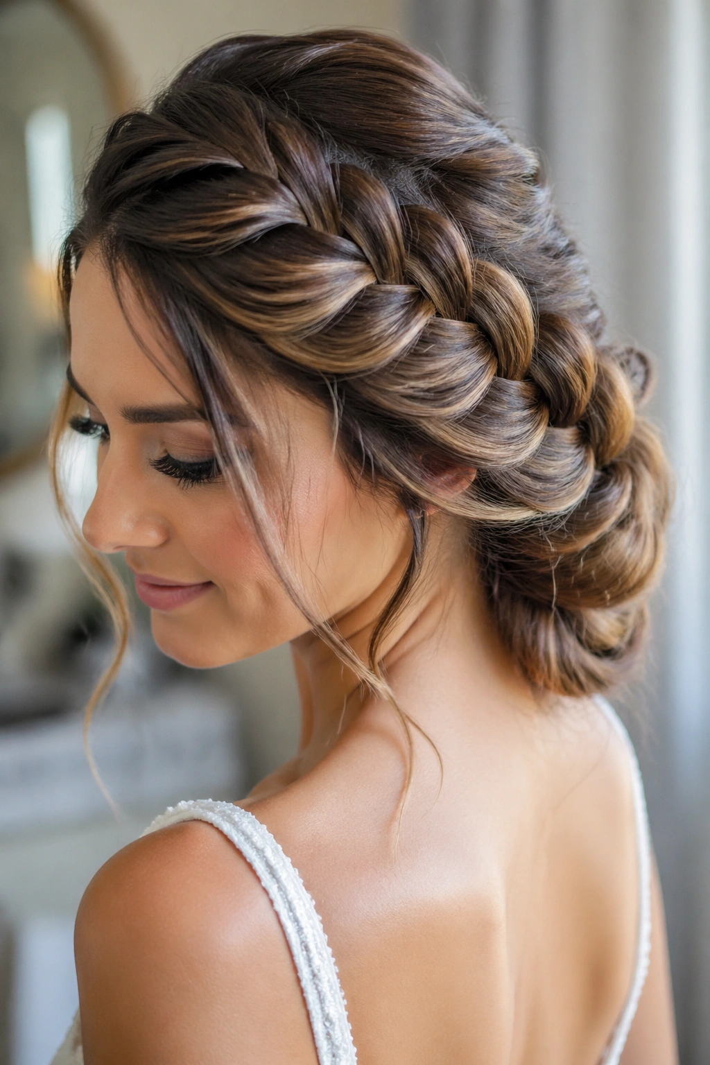 Close-up of a real woman's pancaked braid with soft volume in bridal lighting