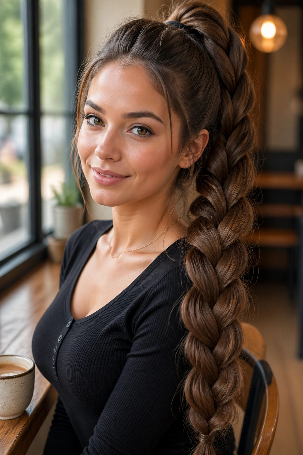 Close-up of a real woman with a wide, pancake braided ponytail in a cafe setting
